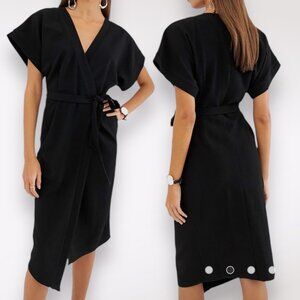 ASOS Midi Wrap Dress Belted V-Neck Black 10